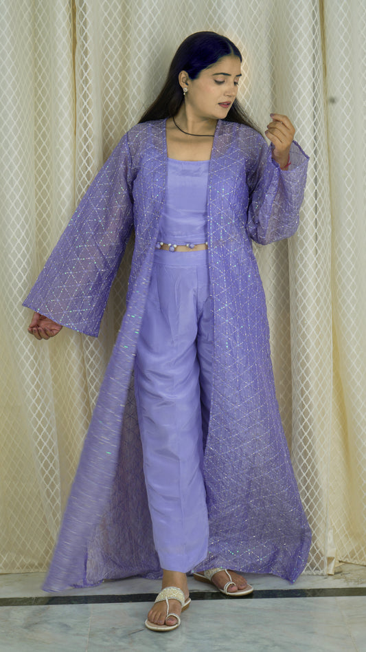 Lavender 3-Piece Co-ord Set with Sheer Embellished Jacket