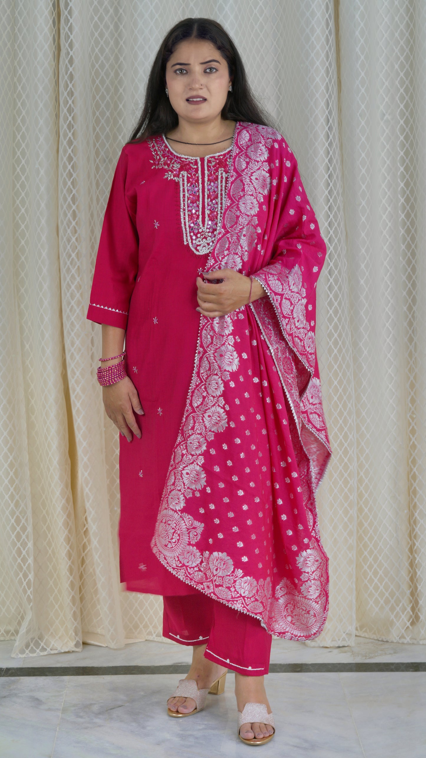 Fuchsia Pink Embroidered Kurta Set with Dupatta