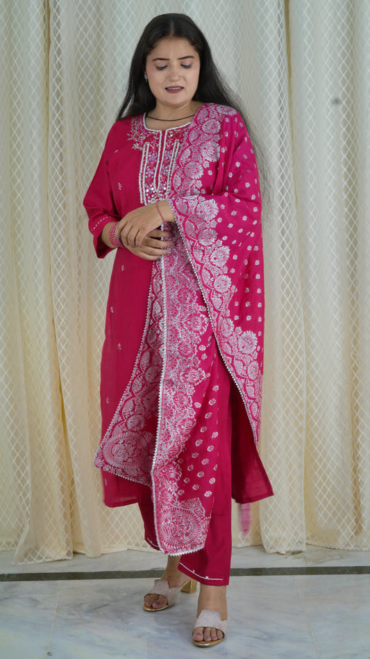 Fuchsia Pink Embroidered Kurta Set with Dupatta