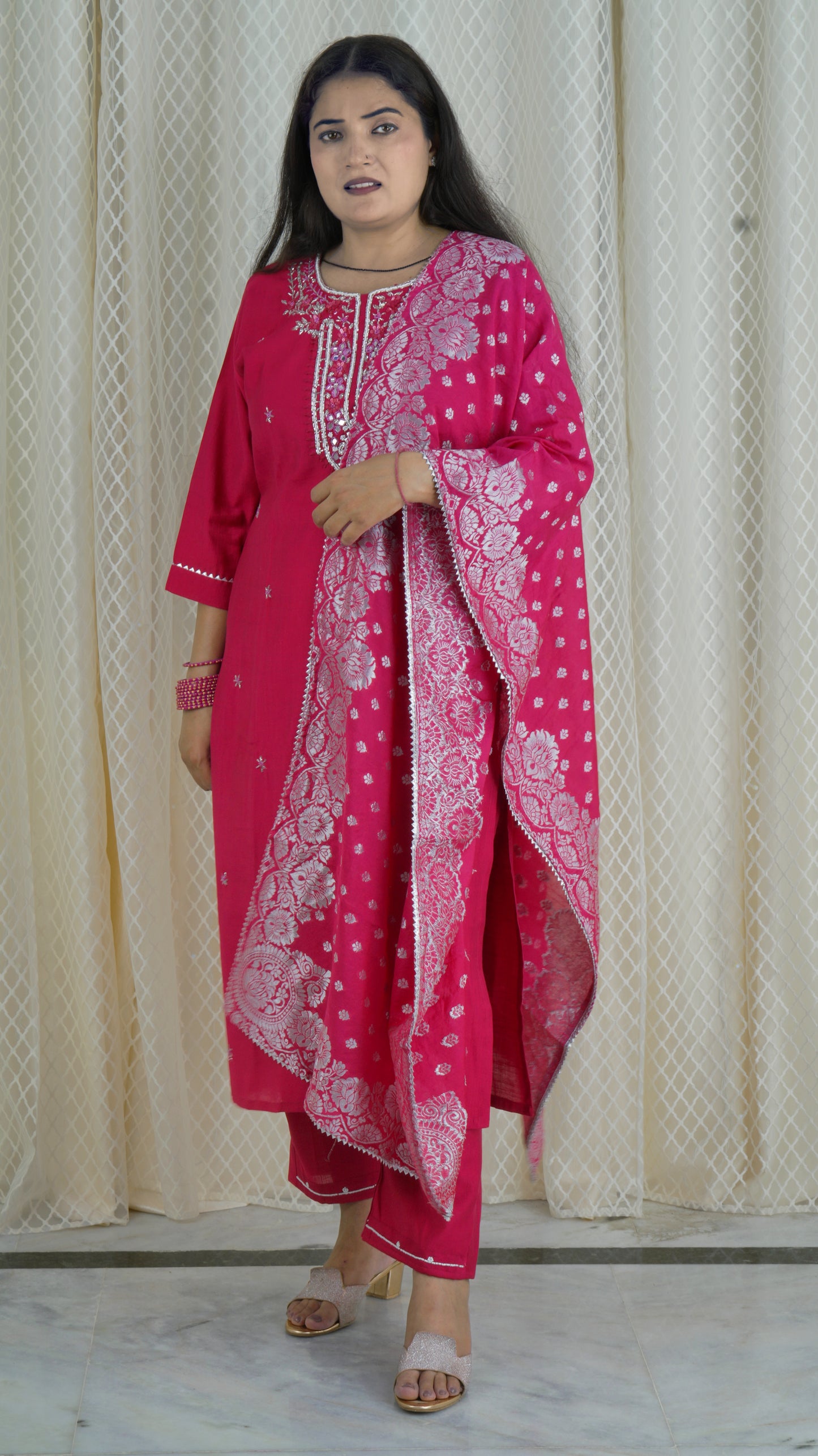 Fuchsia Pink Embroidered Kurta Set with Dupatta