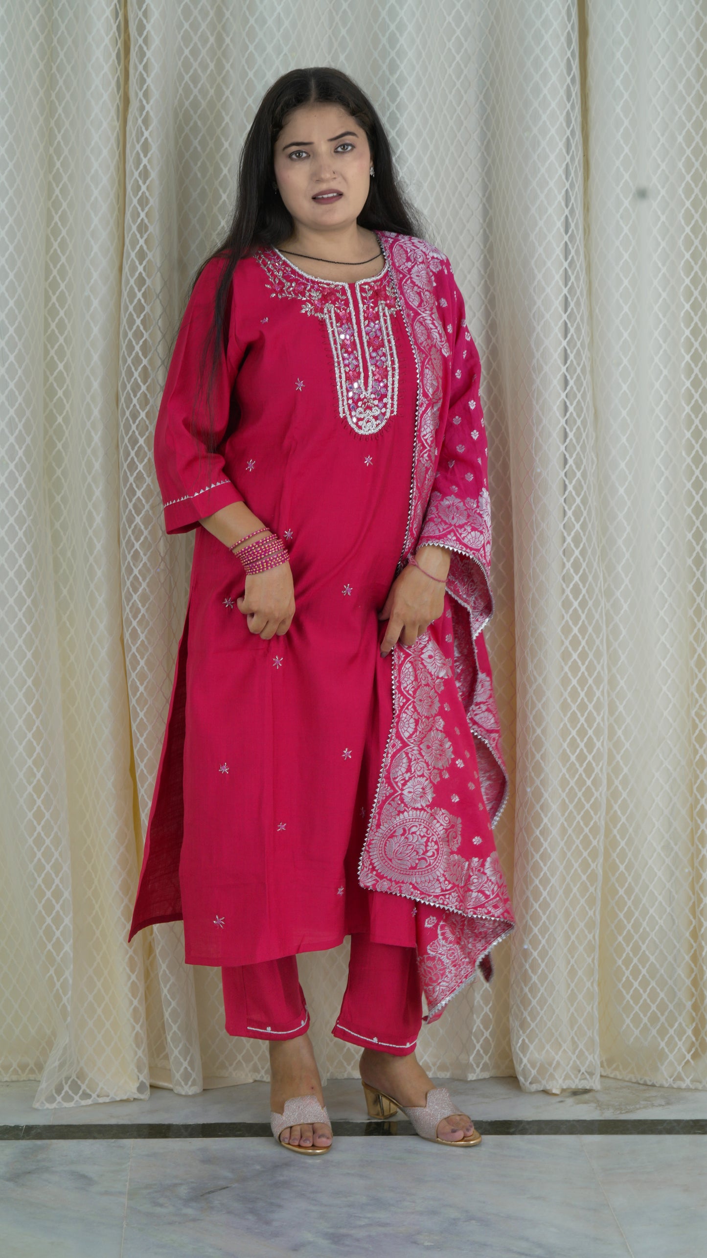 Fuchsia Pink Embroidered Kurta Set with Dupatta