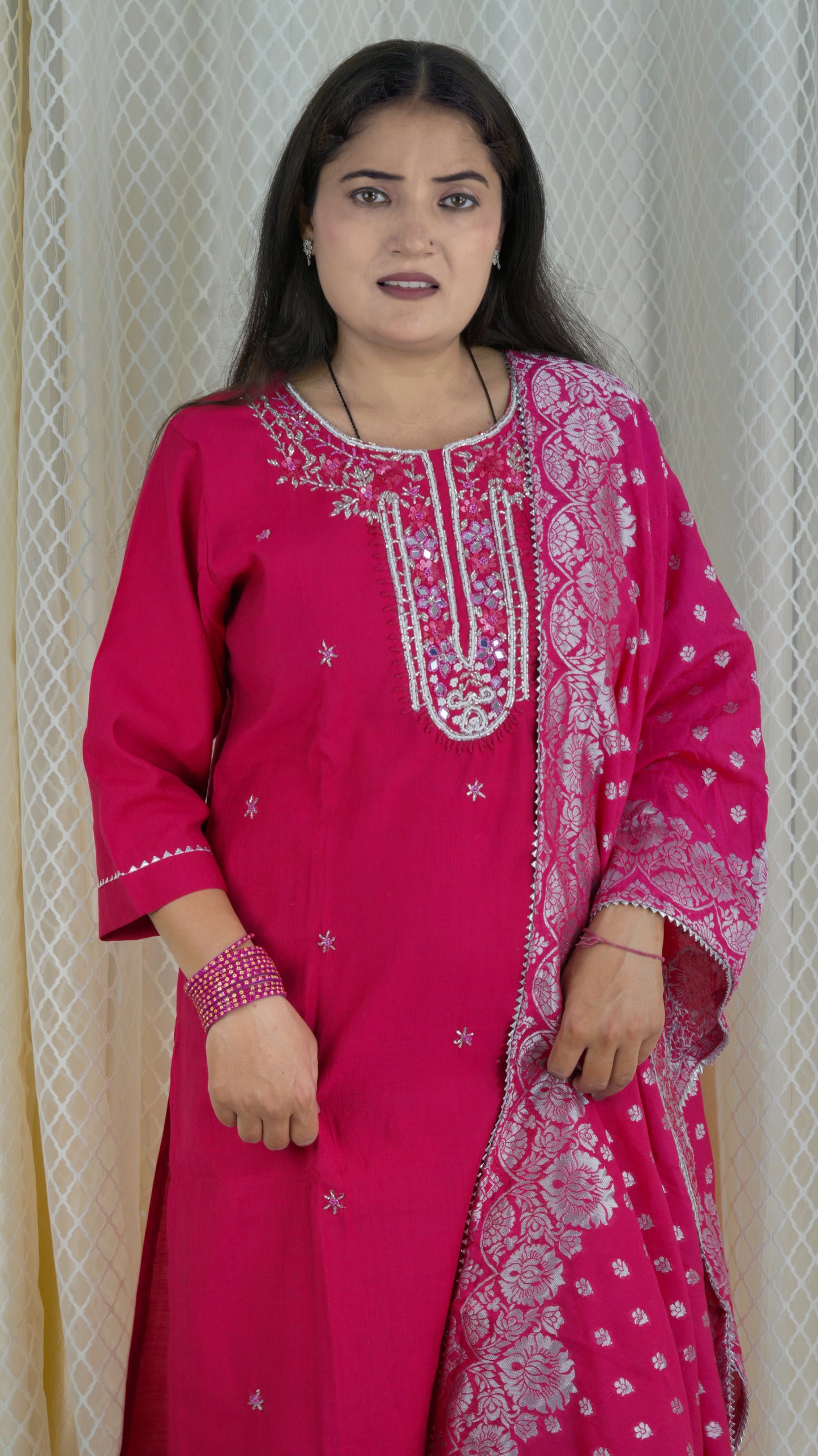 Fuchsia Pink Embroidered Kurta Set with Dupatta