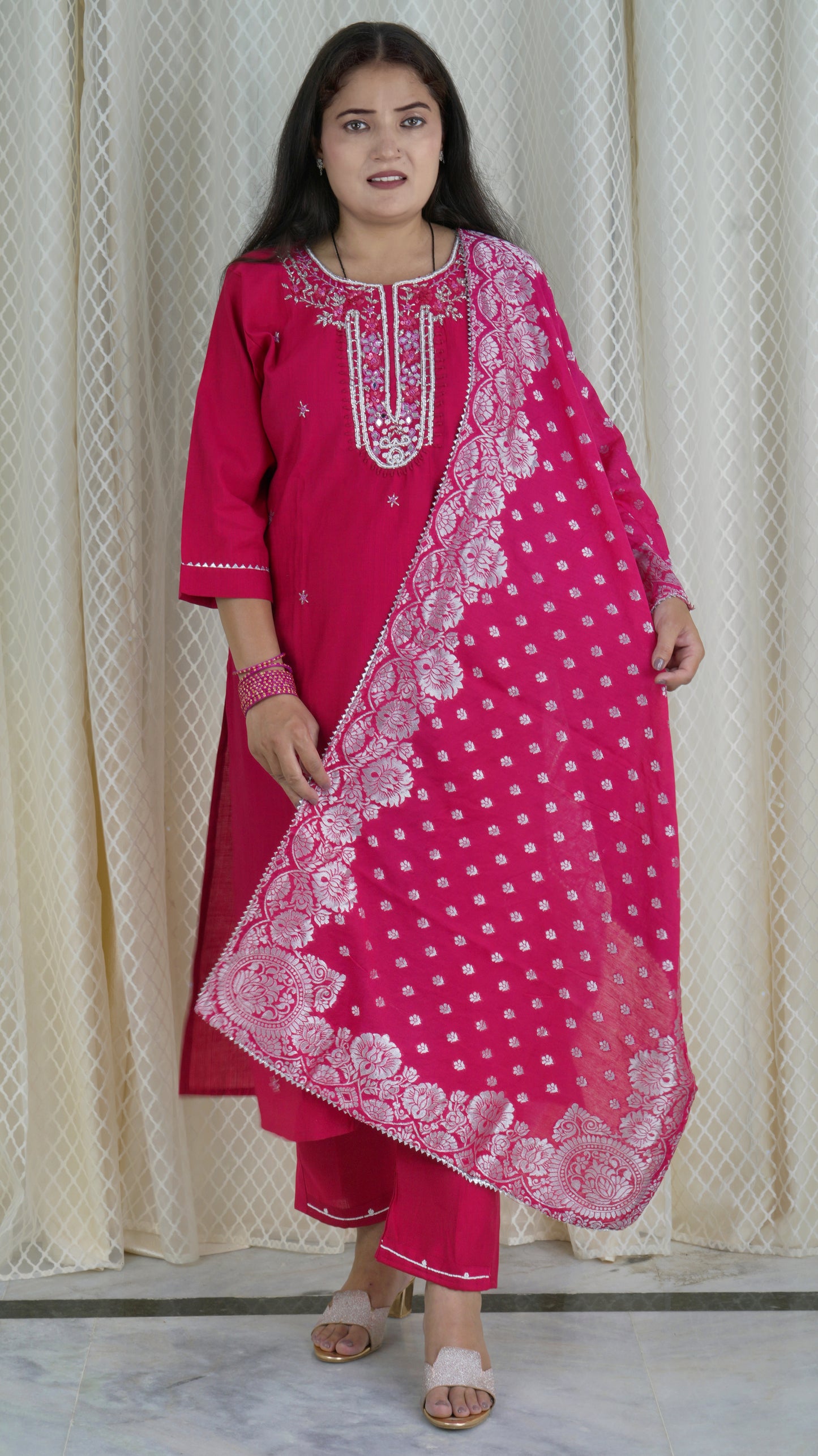 Fuchsia Pink Embroidered Kurta Set with Dupatta