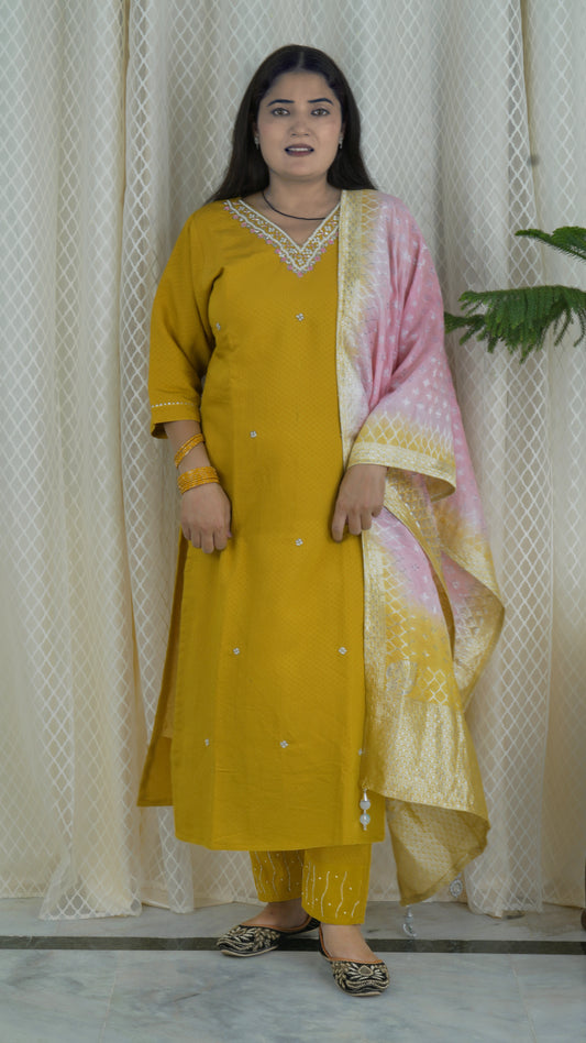 Mustard Yellow Kurta Set with Pink & Yellow Dupatta
