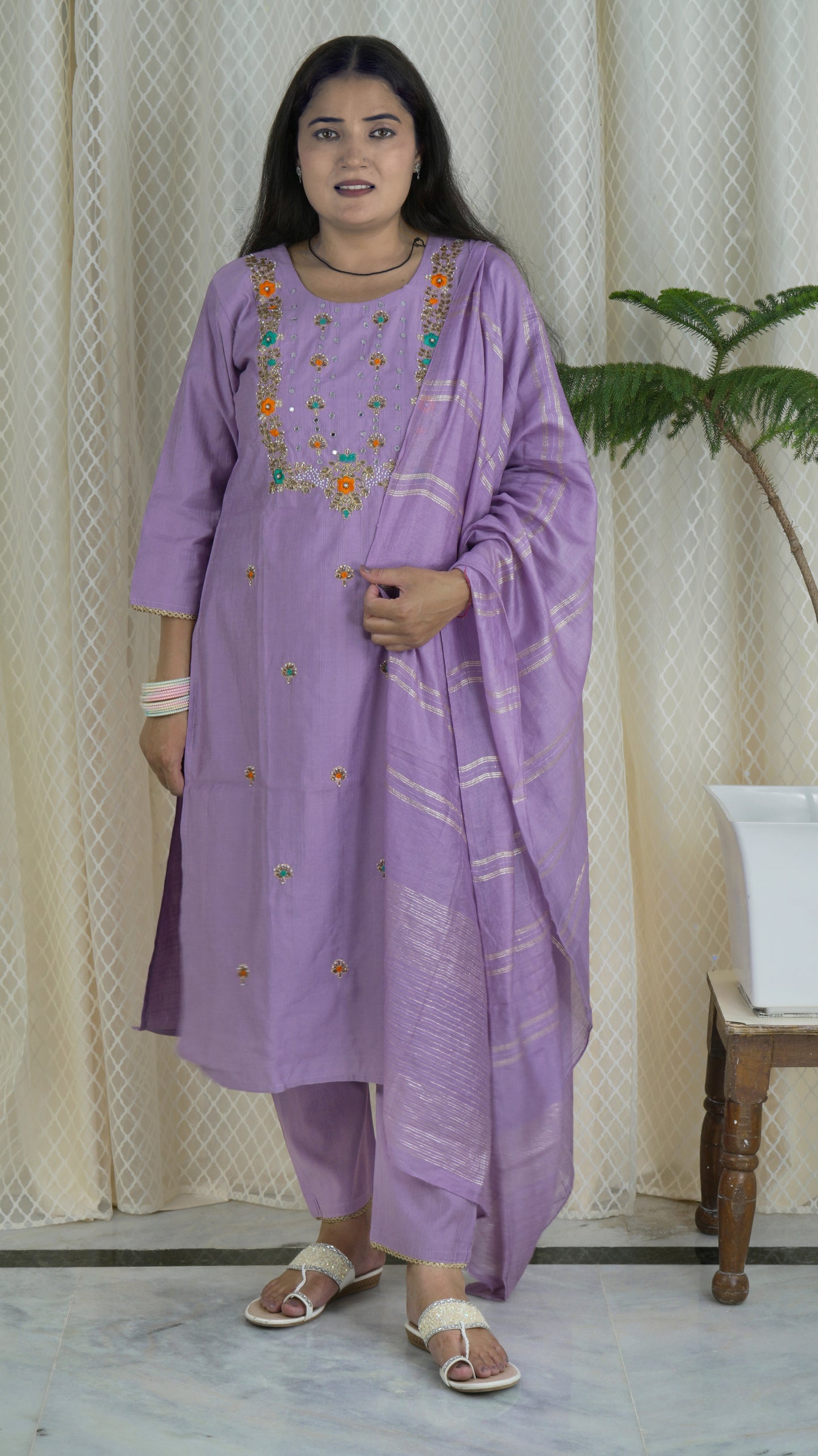 Lavender Embroidered Kurta Set with Dupatta