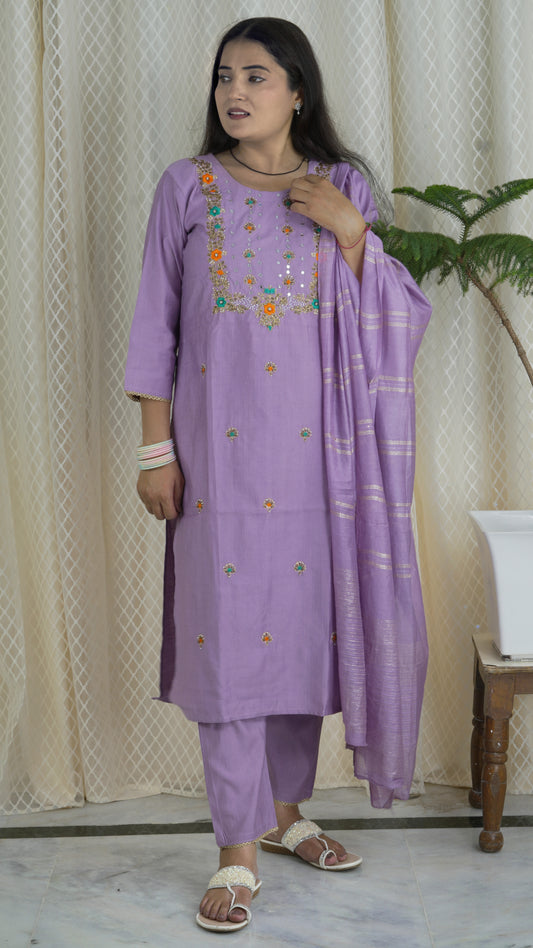 Lavender Embroidered Kurta Set with Dupatta