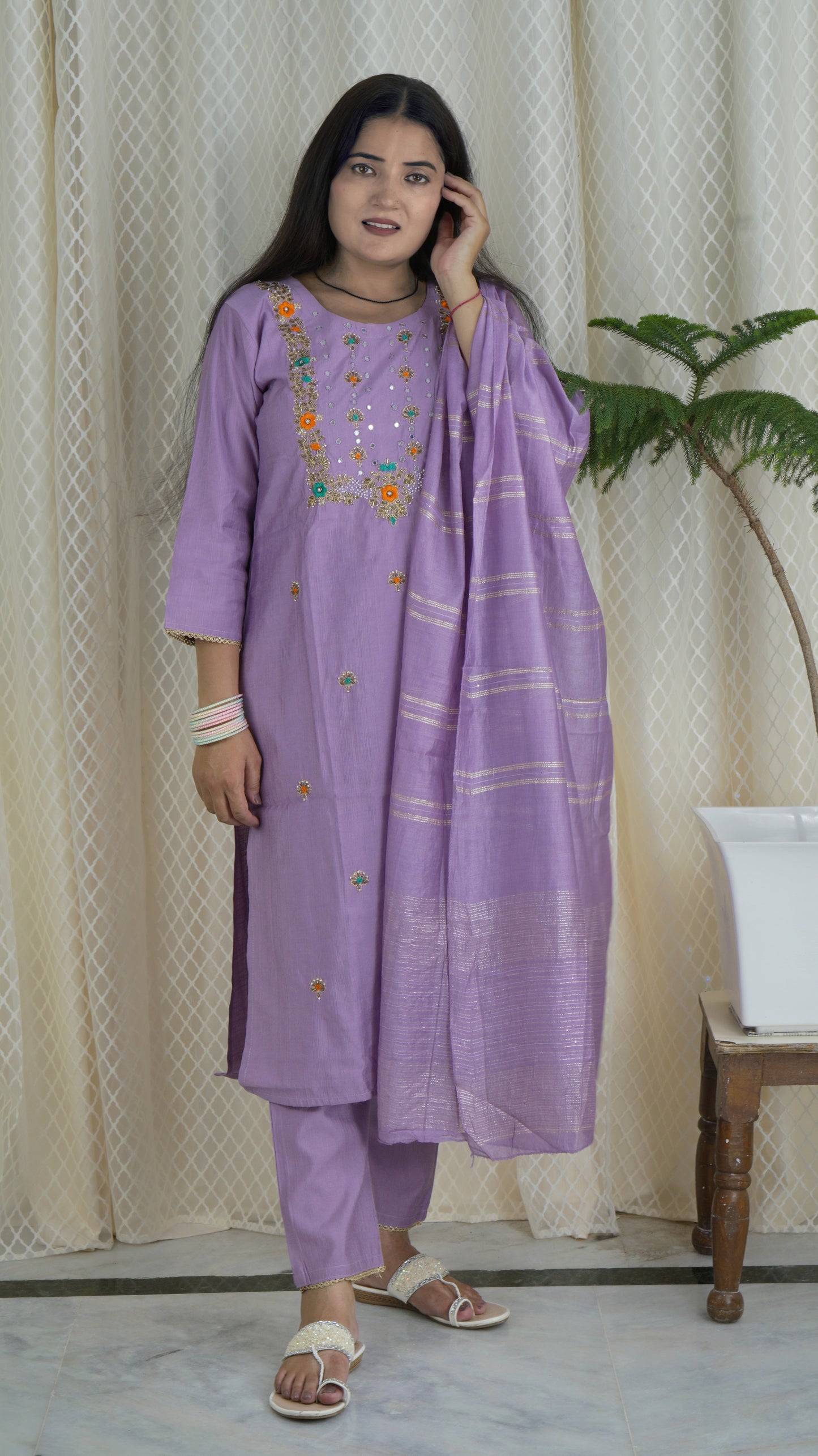 Lavender Embroidered Kurta Set with Dupatta