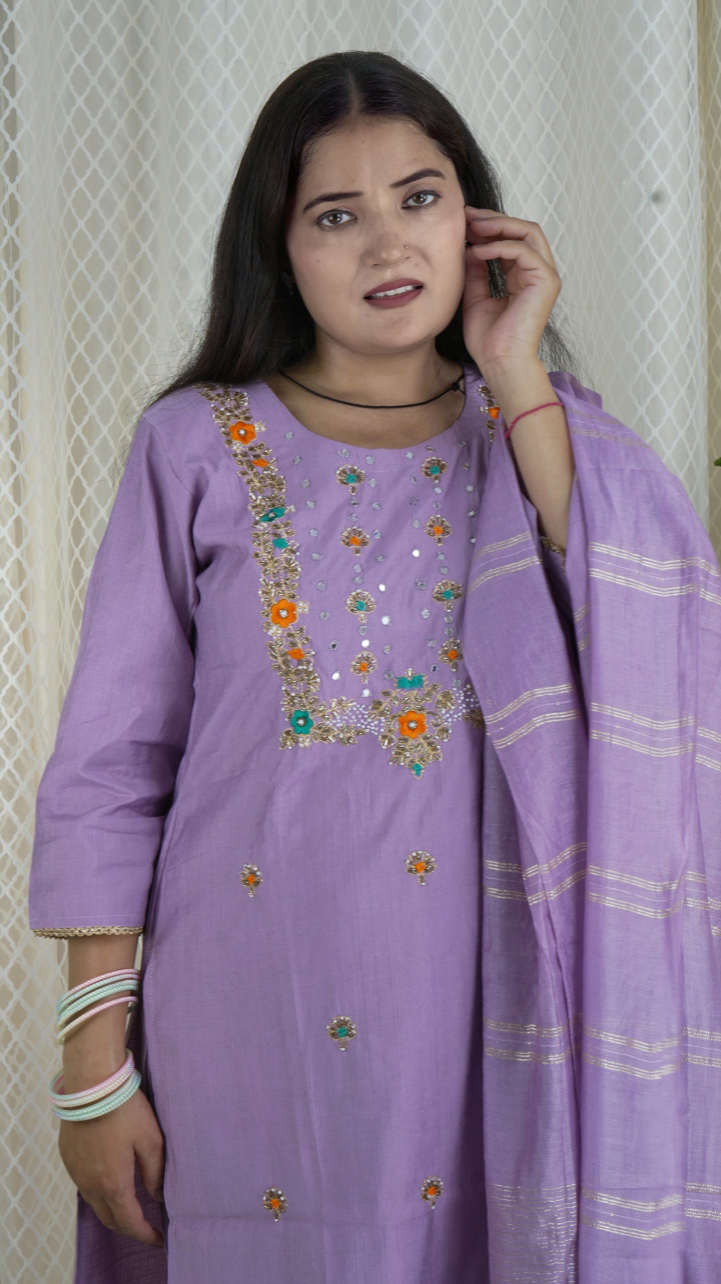 Lavender Embroidered Kurta Set with Dupatta