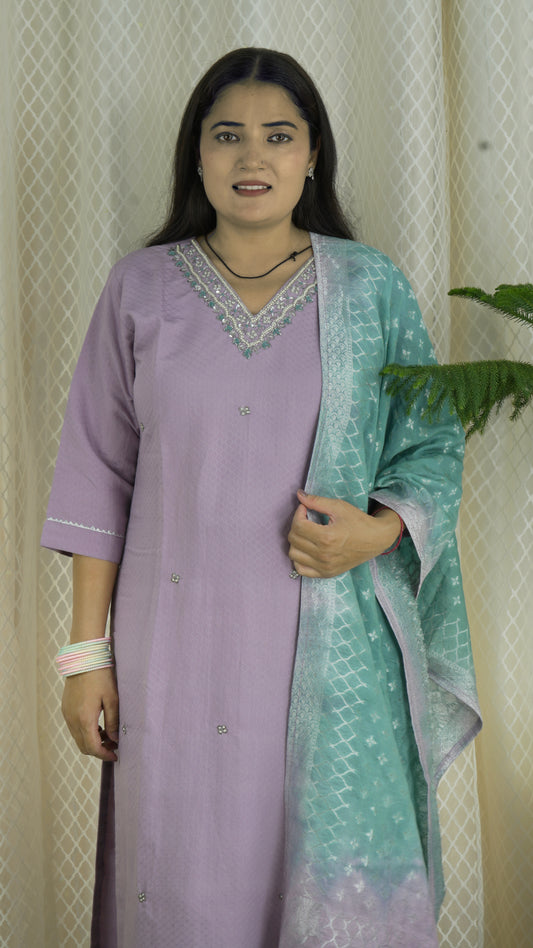 Lavender Kurta Set with Embellished Neckline & Shaded Dupatta