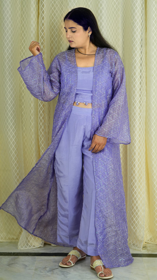 Lavender 3-Piece Co-ord Set with Sheer Embellished Jacket