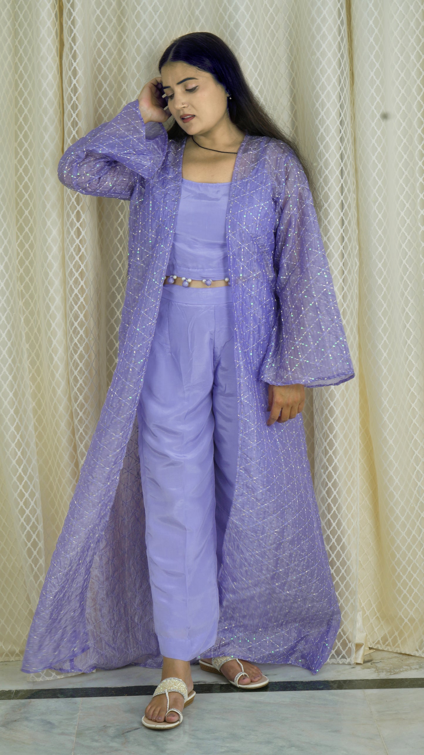 Lavender 3-Piece Co-ord Set with Sheer Embellished Jacket