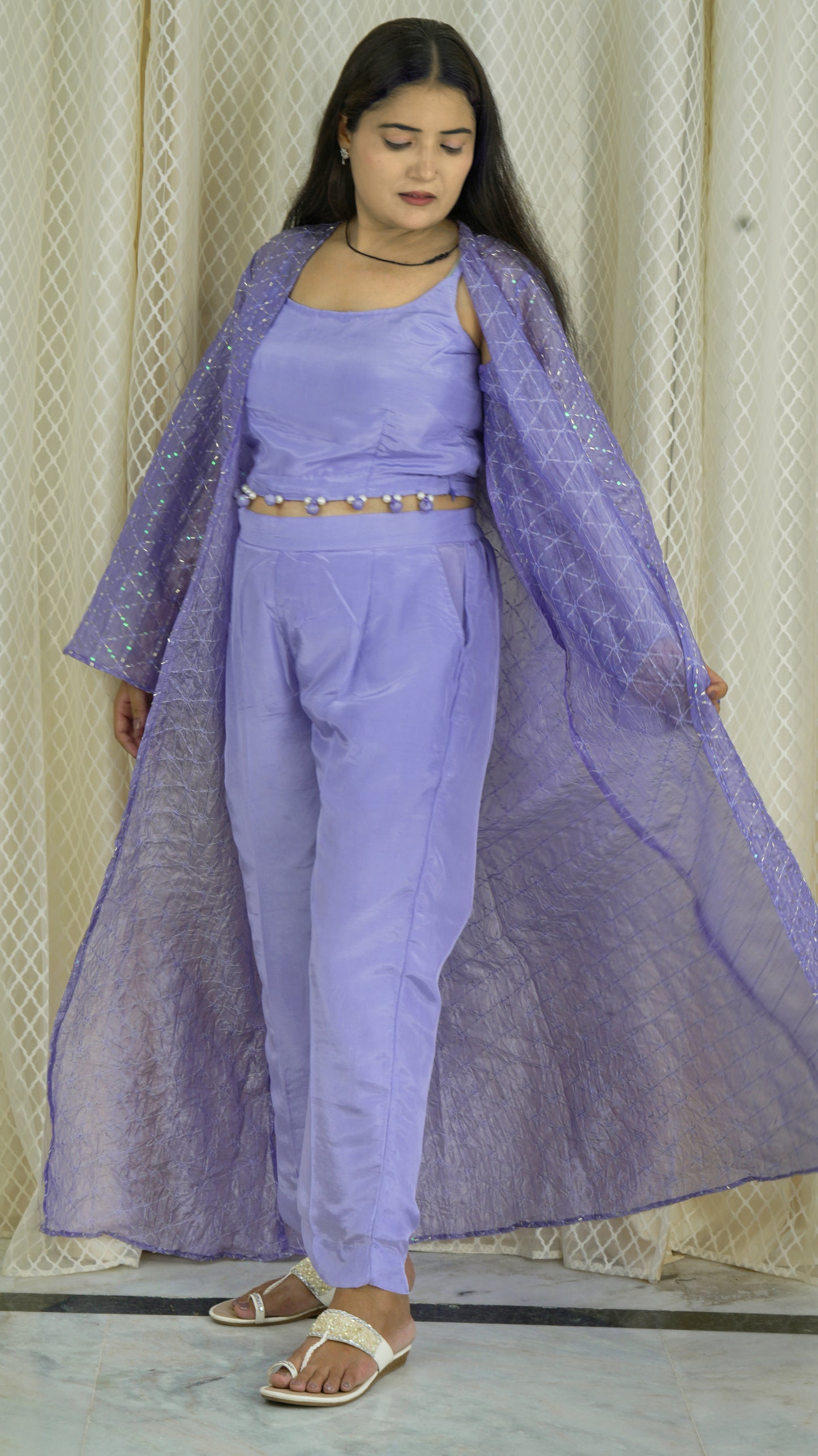 Lavender 3-Piece Co-ord Set with Sheer Embellished Jacket