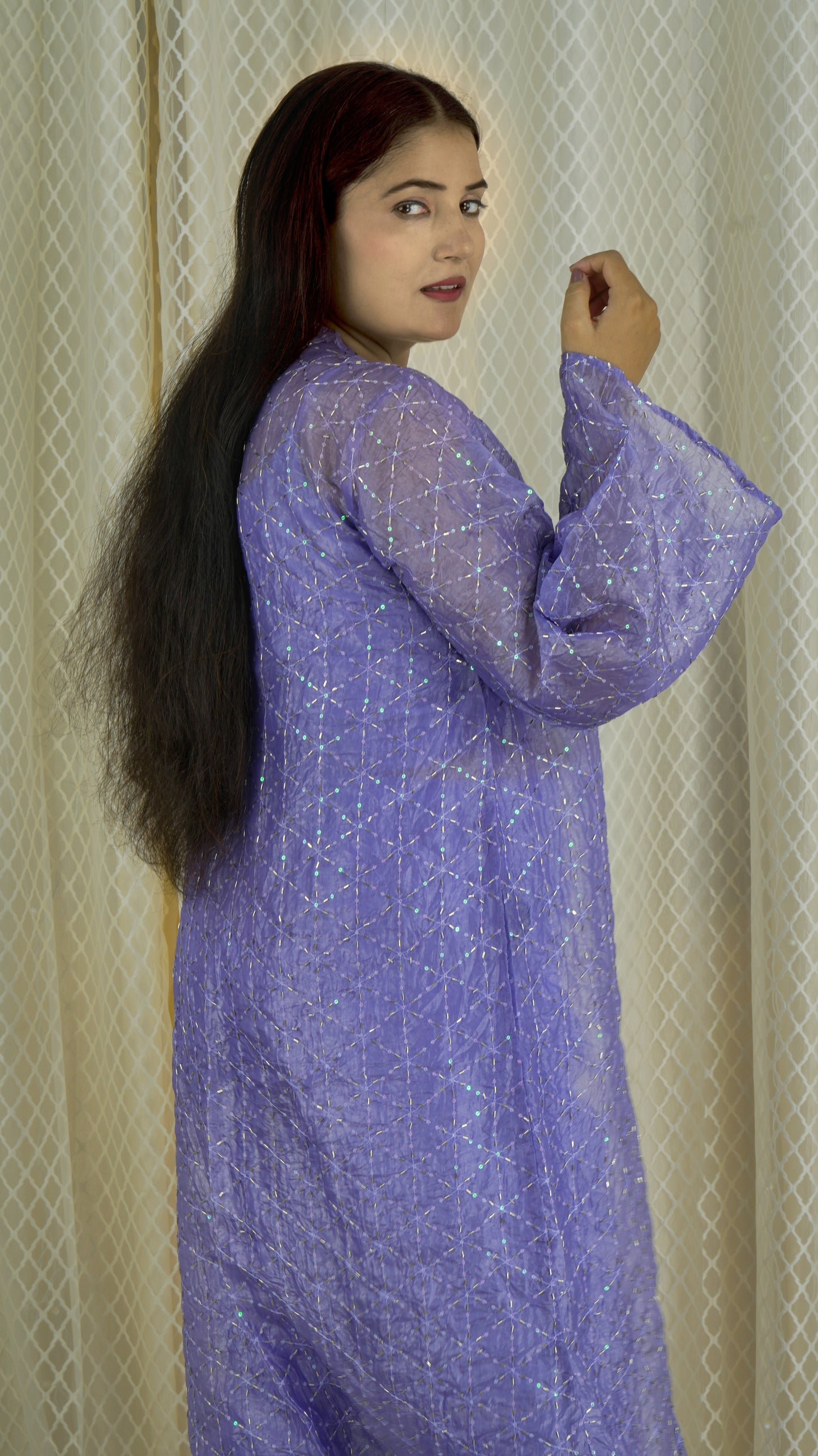 Lavender 3-Piece Co-ord Set with Sheer Embellished Jacket