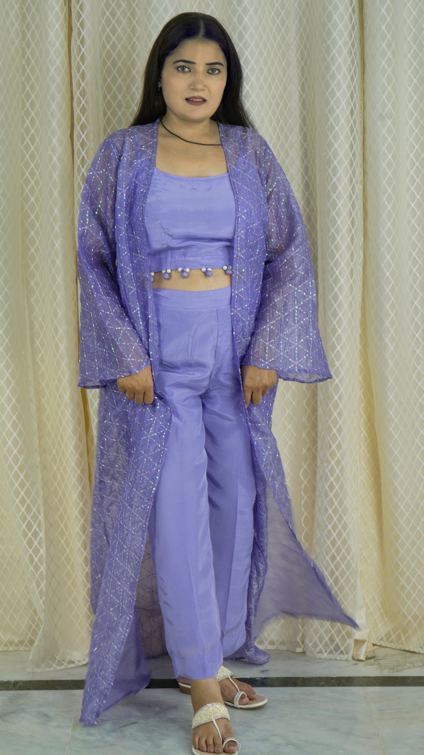 Lavender 3-Piece Co-ord Set with Sheer Embellished Jacket