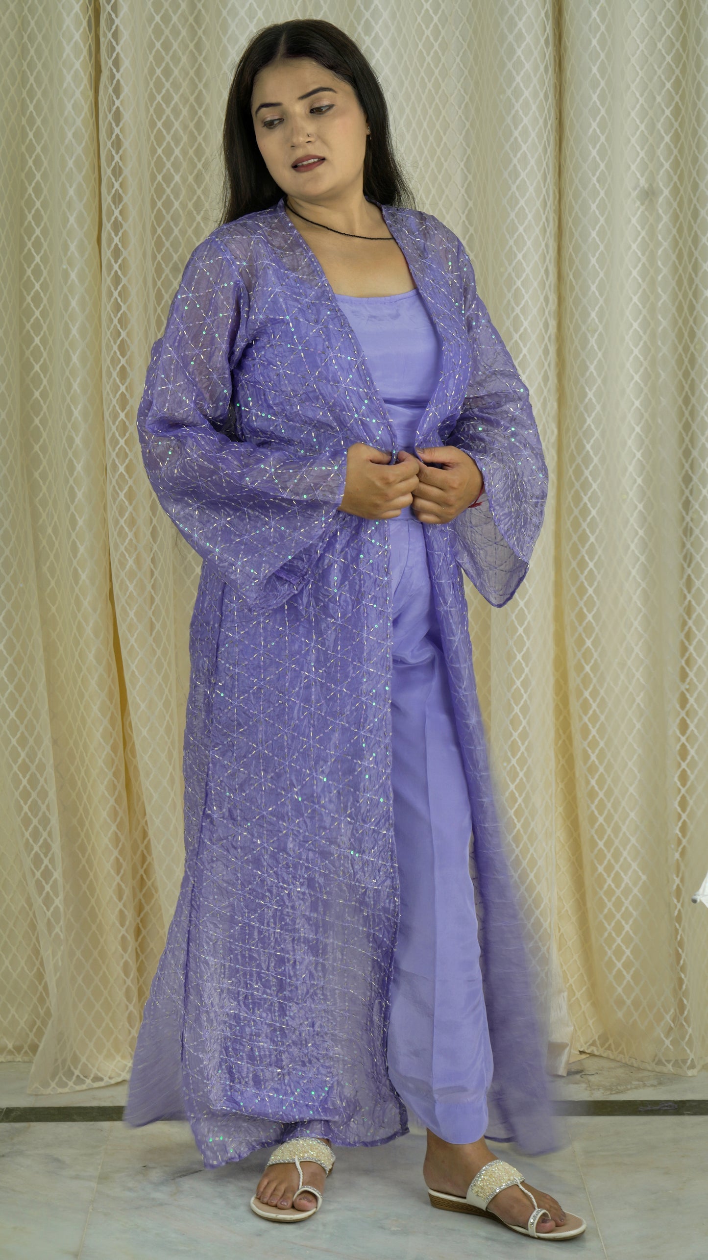 Lavender 3-Piece Co-ord Set with Sheer Embellished Jacket