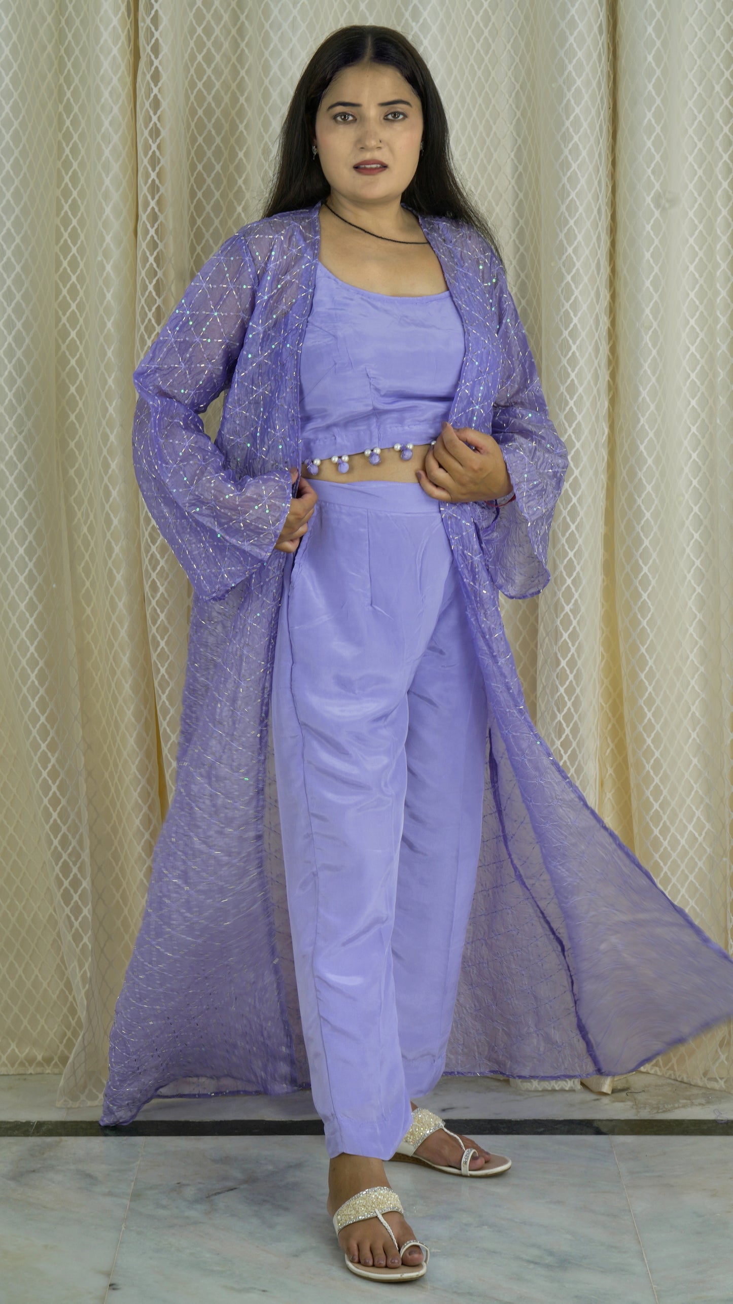Lavender 3-Piece Co-ord Set with Sheer Embellished Jacket