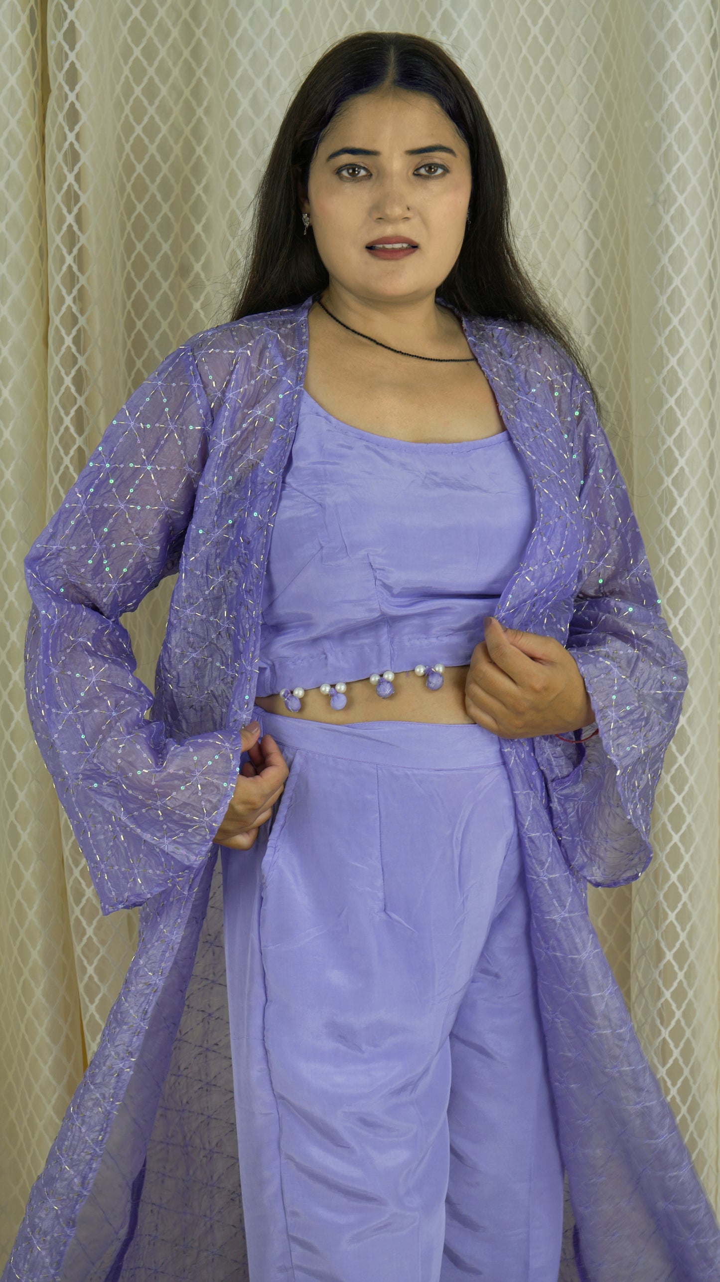 Lavender 3-Piece Co-ord Set with Sheer Embellished Jacket