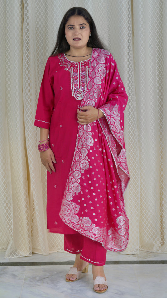 Fuchsia Pink Embroidered Kurta Set with Dupatta