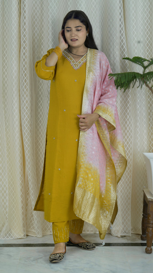 Mustard Yellow Kurta Set with Pink & Yellow Dupatta