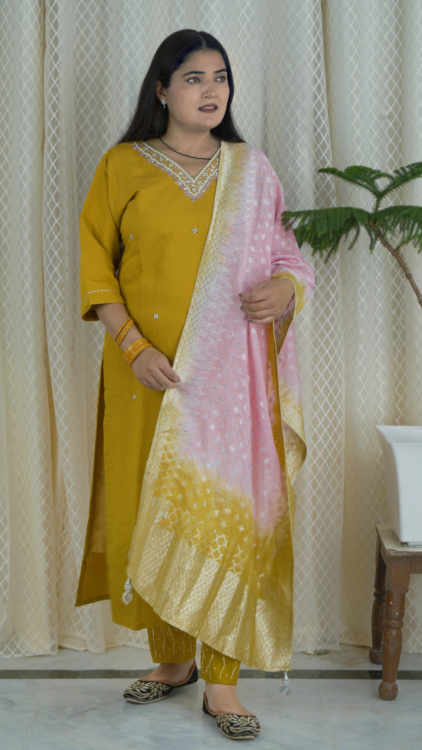 Mustard Yellow Kurta Set with Pink & Yellow Dupatta
