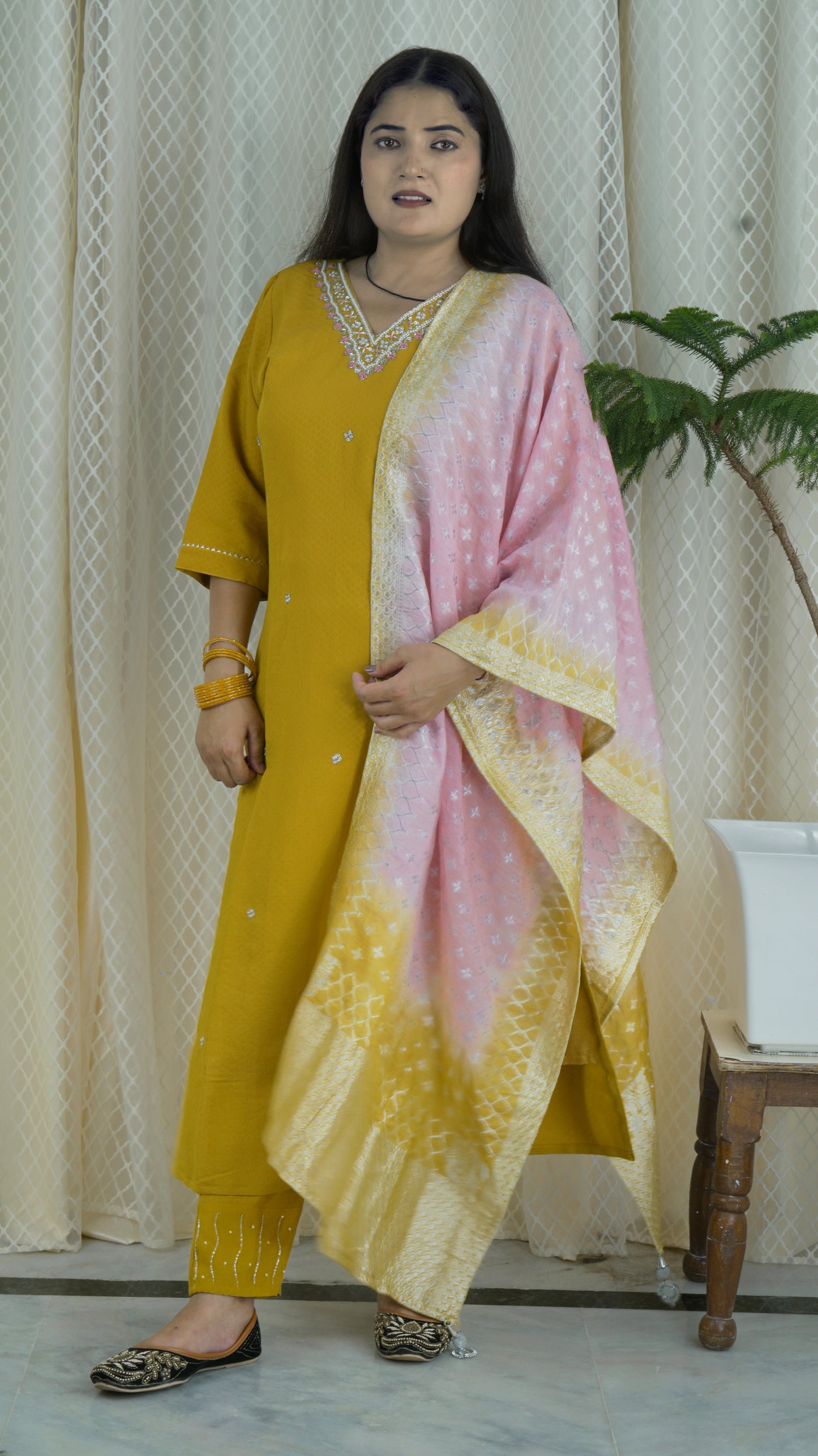 Mustard Yellow Kurta Set with Pink & Yellow Dupatta