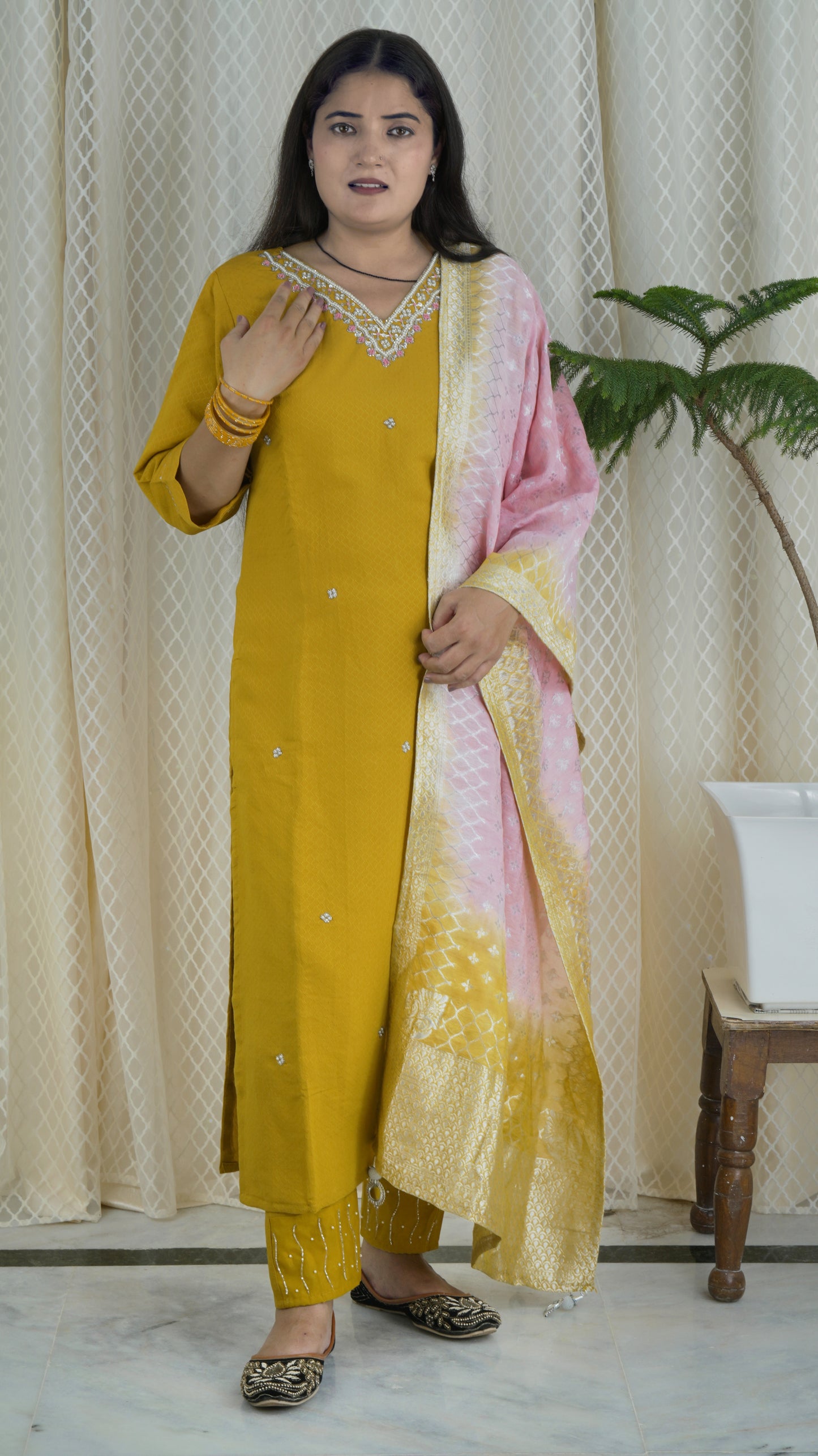 Mustard Yellow Kurta Set with Pink & Yellow Dupatta