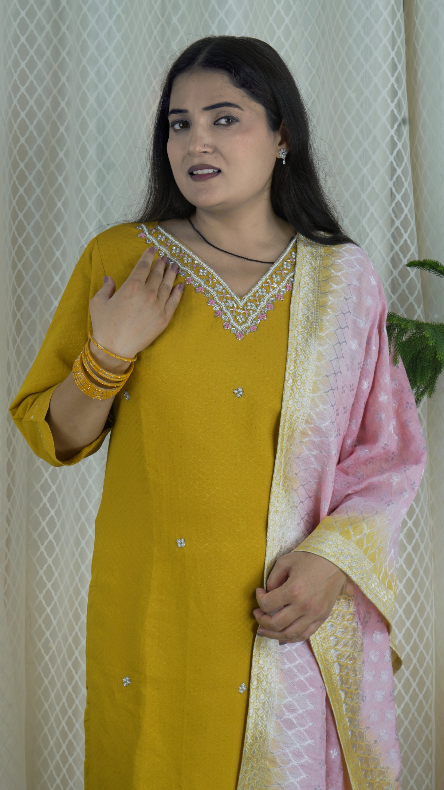 Mustard Yellow Kurta Set with Pink & Yellow Dupatta