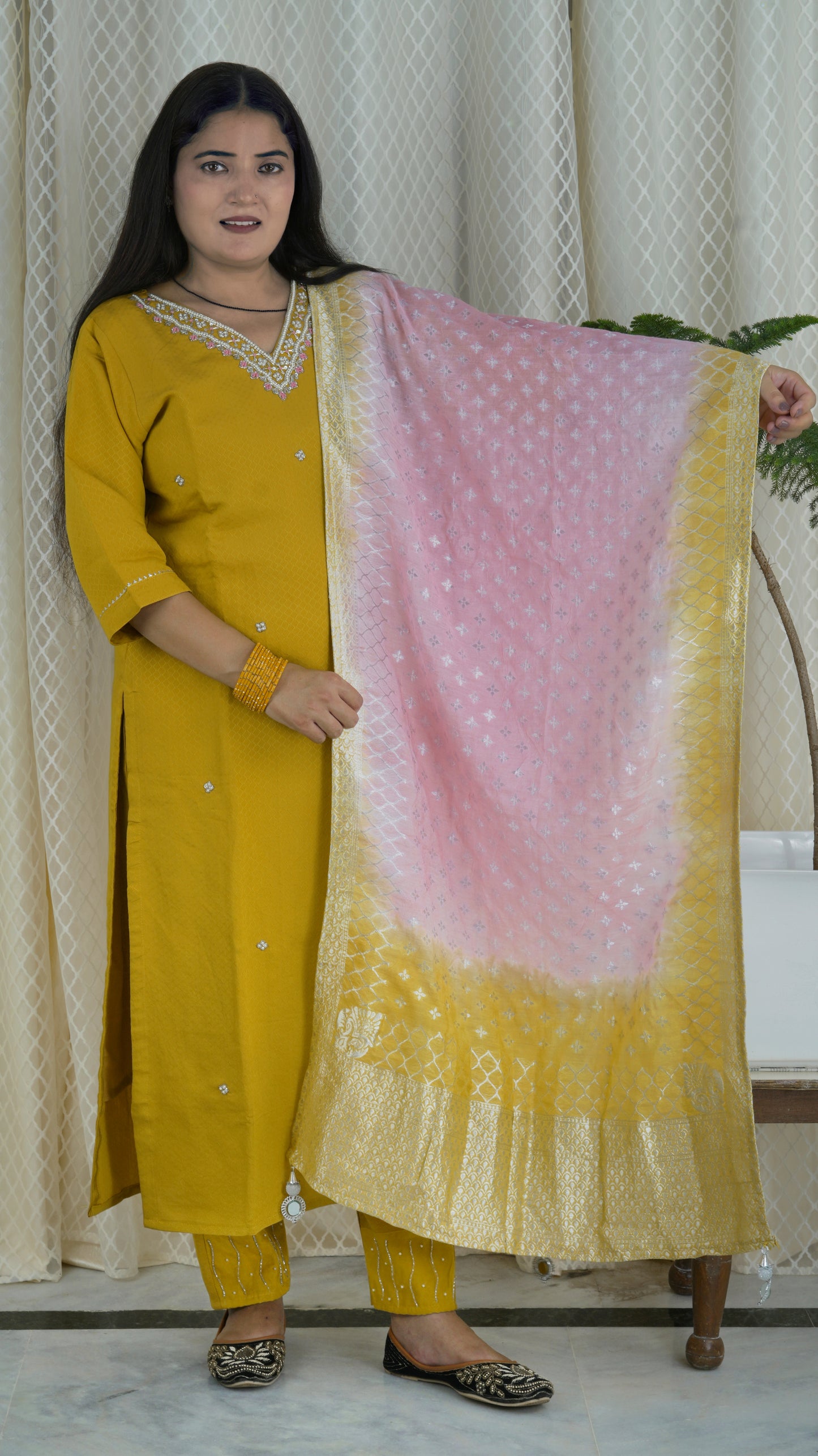 Mustard Yellow Kurta Set with Pink & Yellow Dupatta