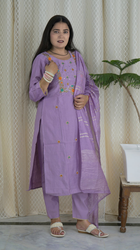 Lavender Embroidered Kurta Set with Dupatta