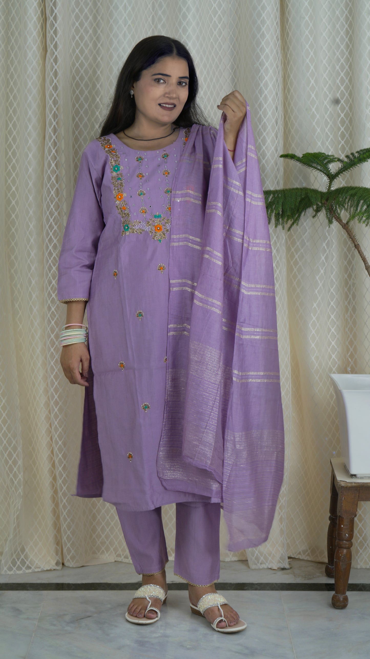 Lavender Embroidered Kurta Set with Dupatta