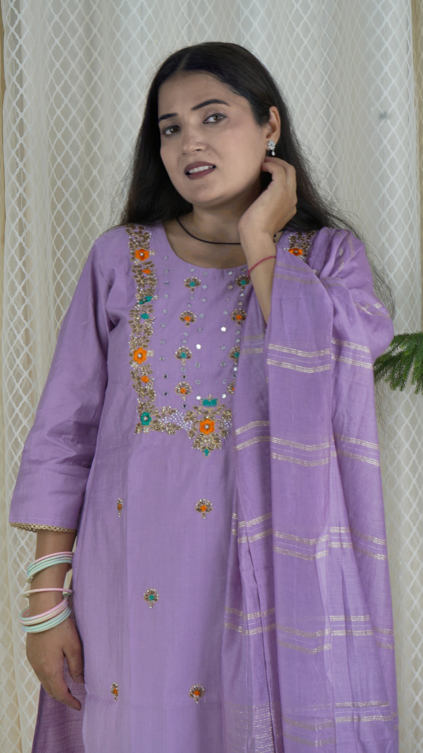 Lavender Embroidered Kurta Set with Dupatta