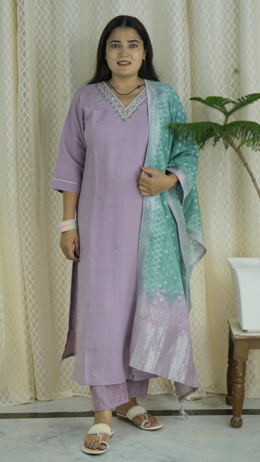 Lavender Kurta Set with Embellished Neckline & Shaded Dupatta