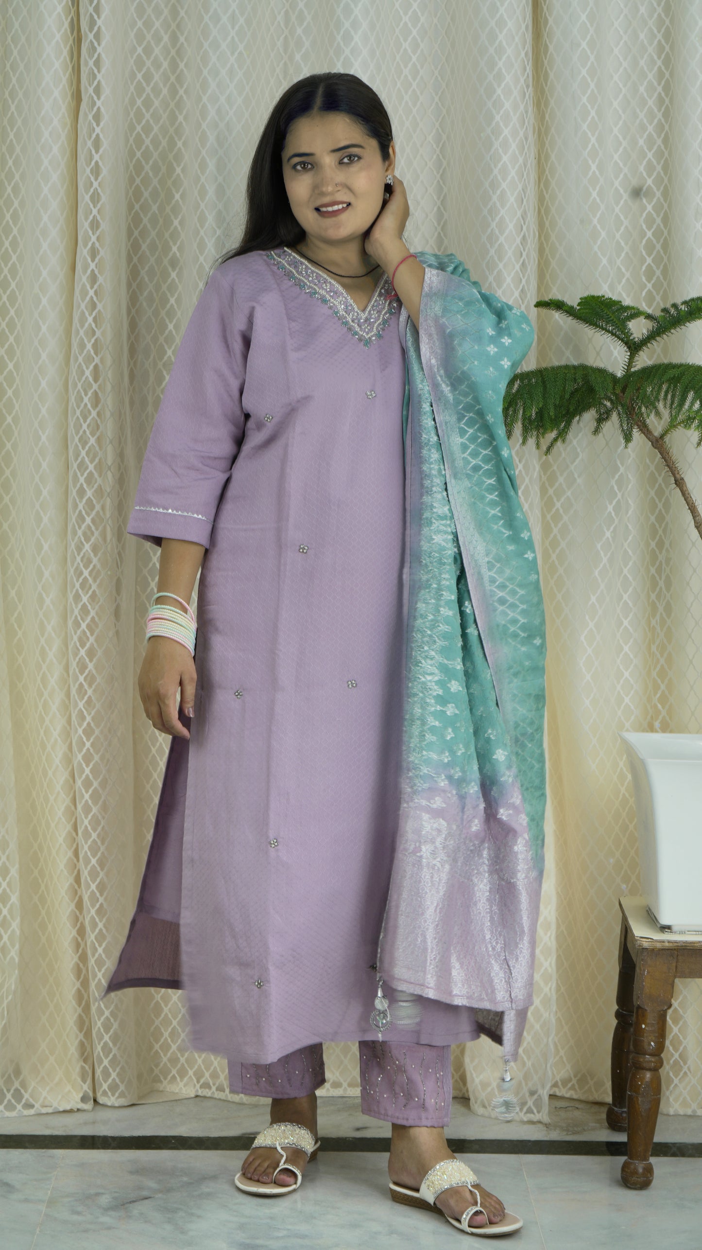 Lavender Kurta Set with Embellished Neckline & Shaded Dupatta