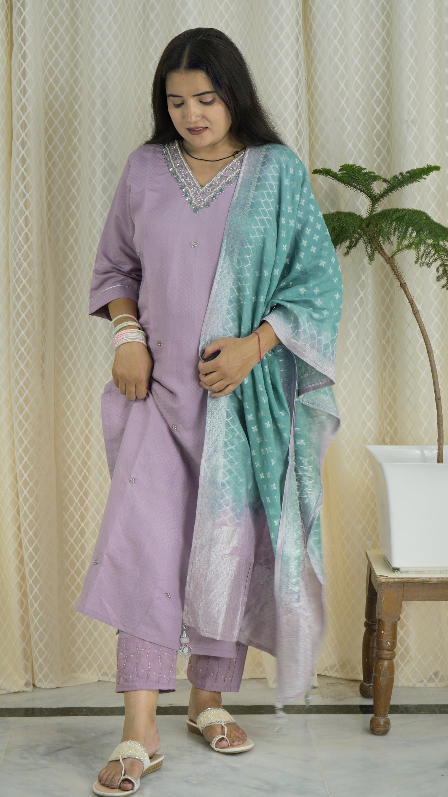 Lavender Kurta Set with Embellished Neckline & Shaded Dupatta