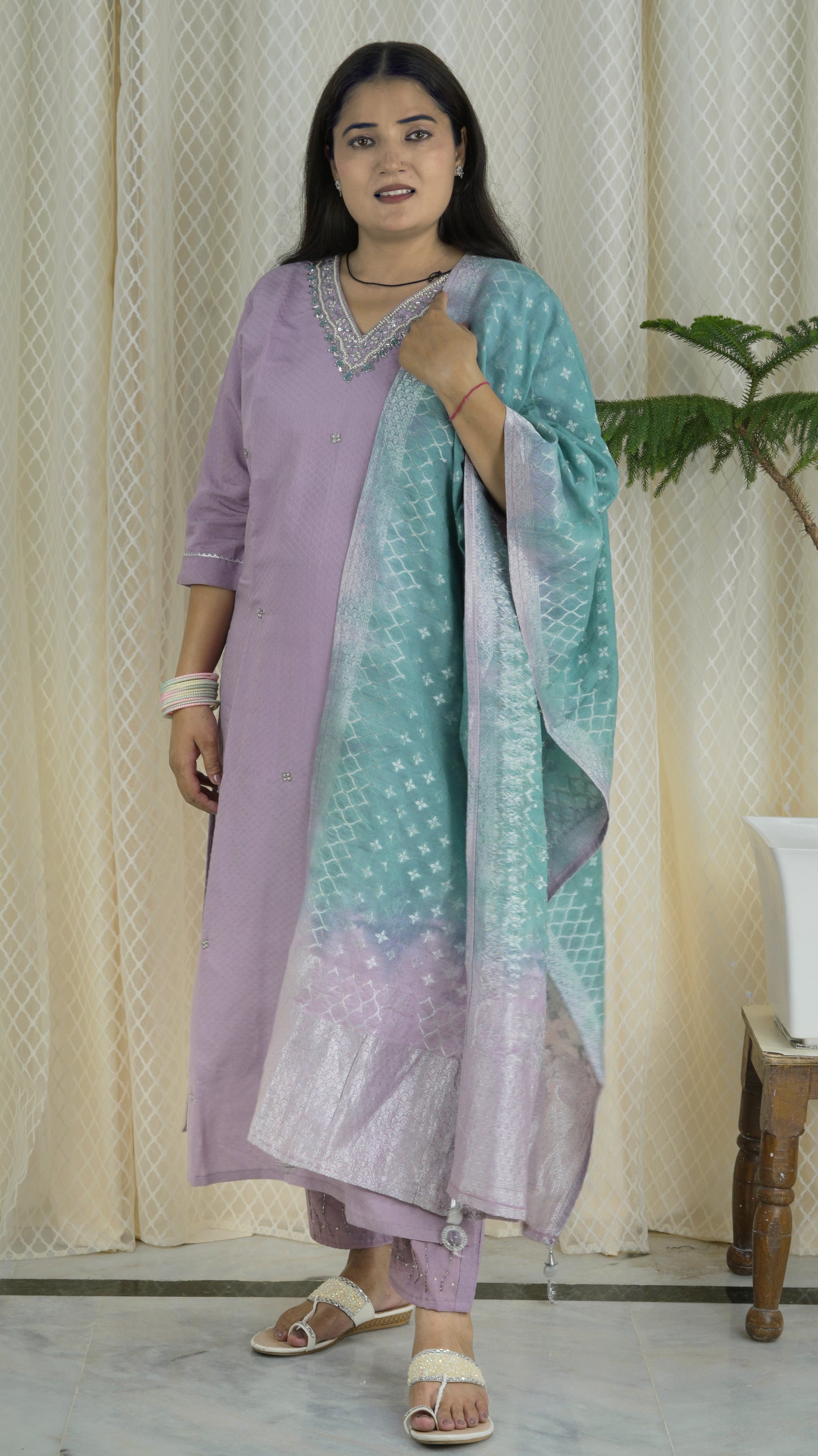 Lavender Kurta Set with Embellished Neckline & Shaded Dupatta