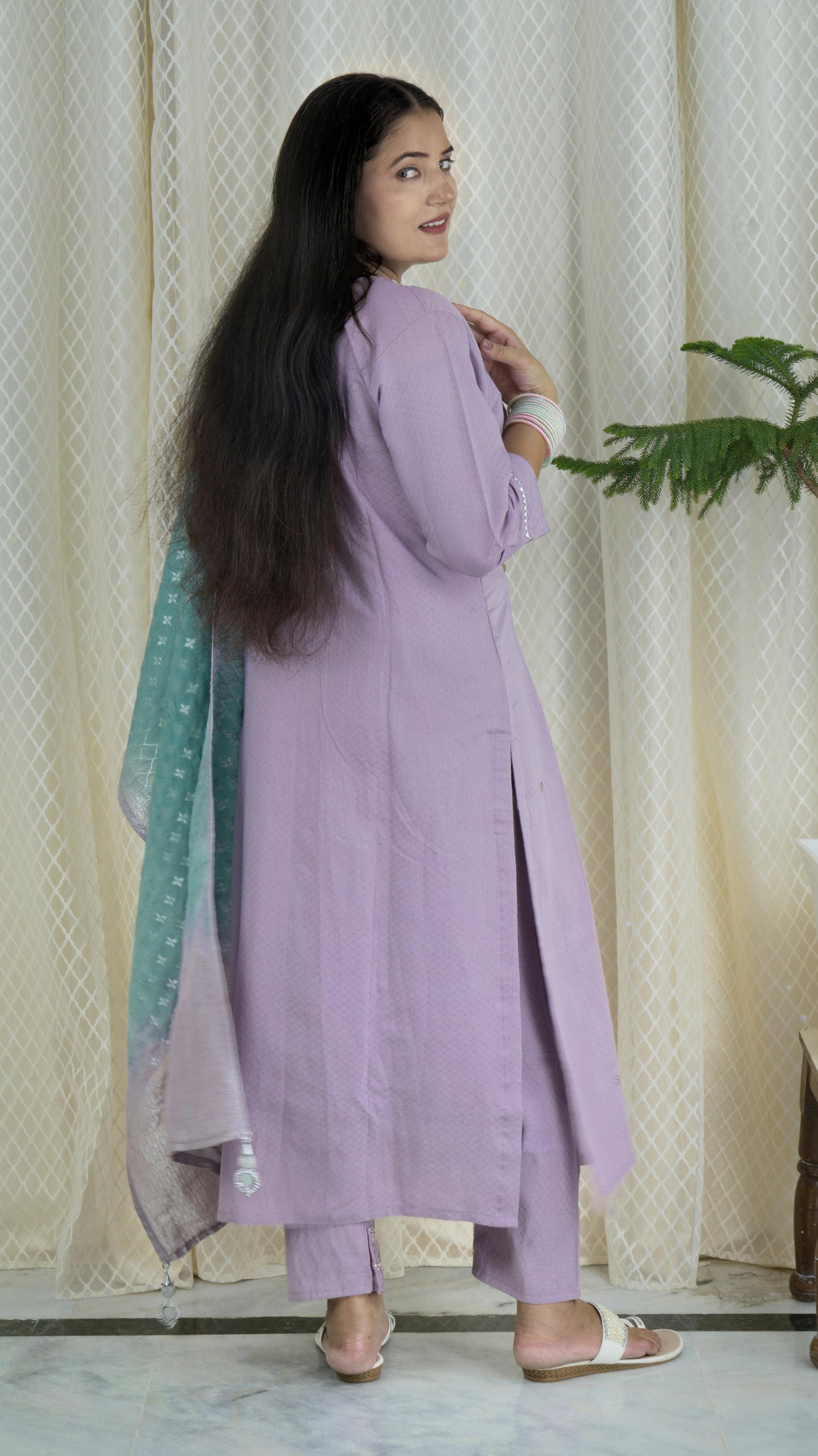 Lavender Kurta Set with Embellished Neckline & Shaded Dupatta