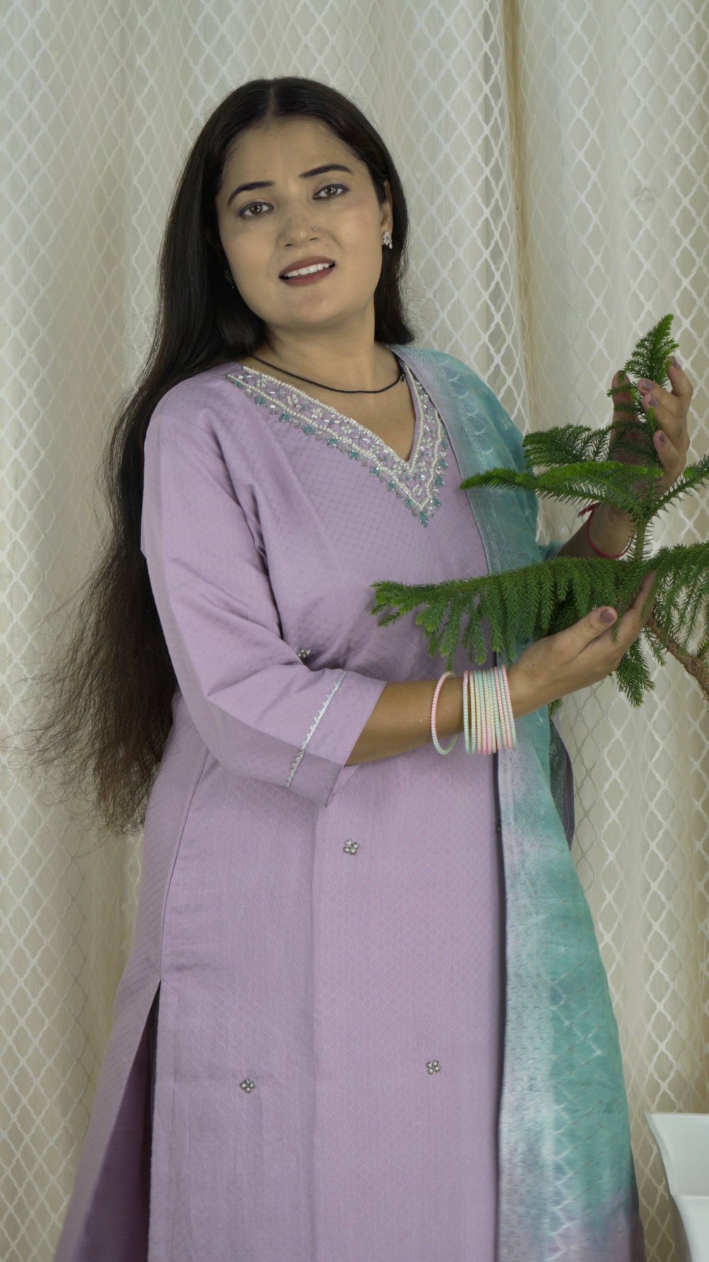 Lavender Kurta Set with Embellished Neckline & Shaded Dupatta