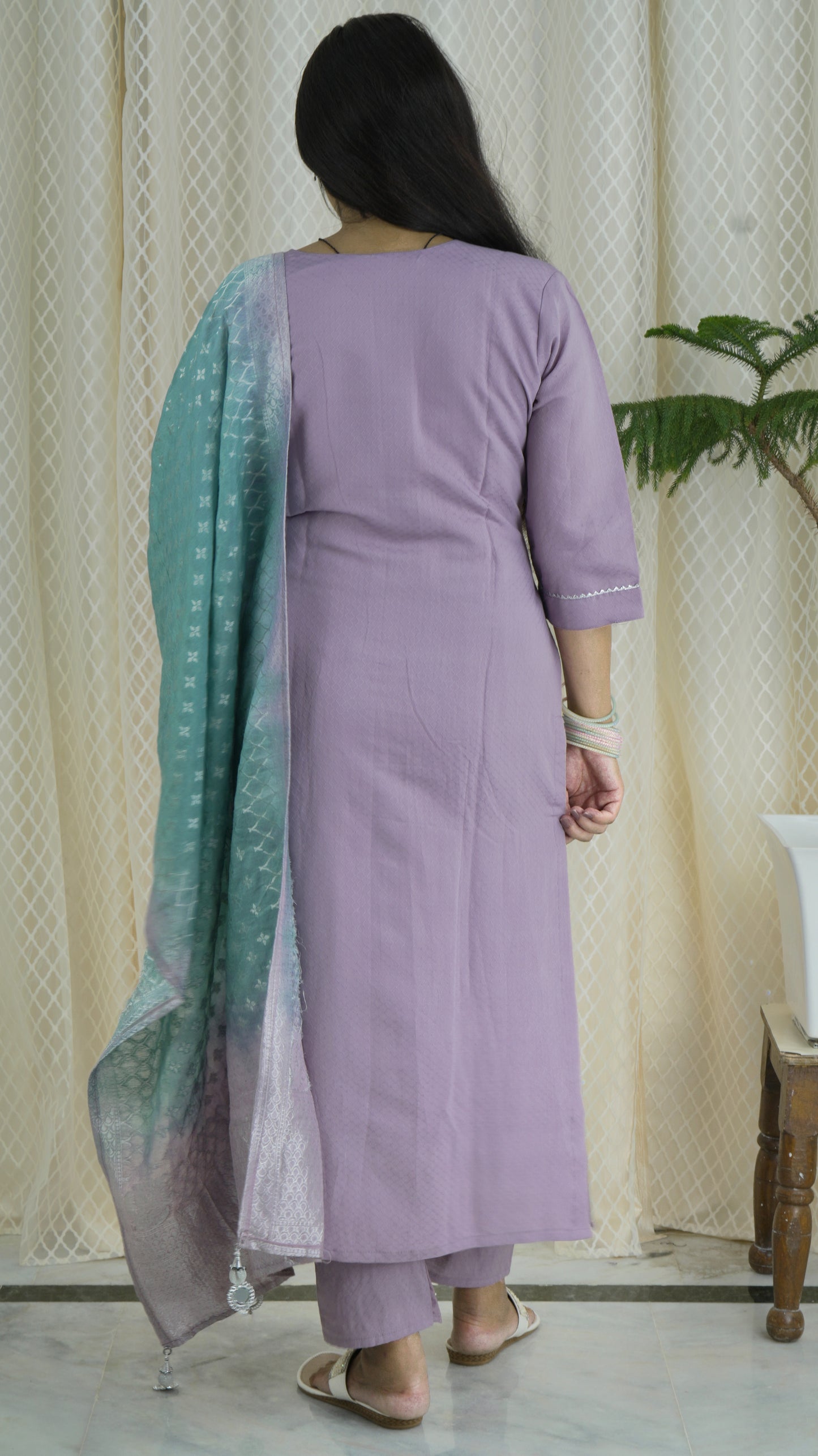 Lavender Kurta Set with Embellished Neckline & Shaded Dupatta