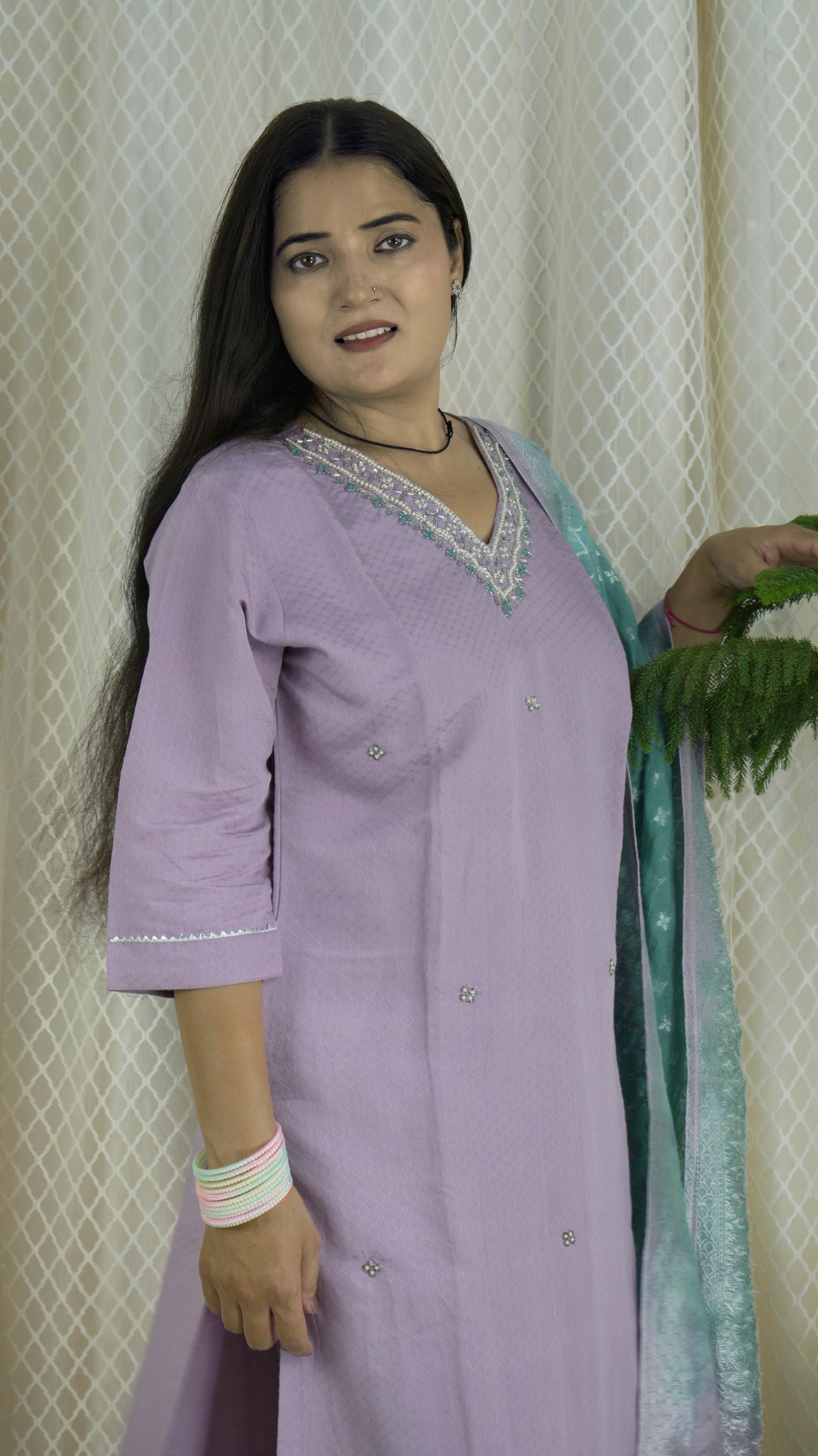 Lavender Kurta Set with Embellished Neckline & Shaded Dupatta