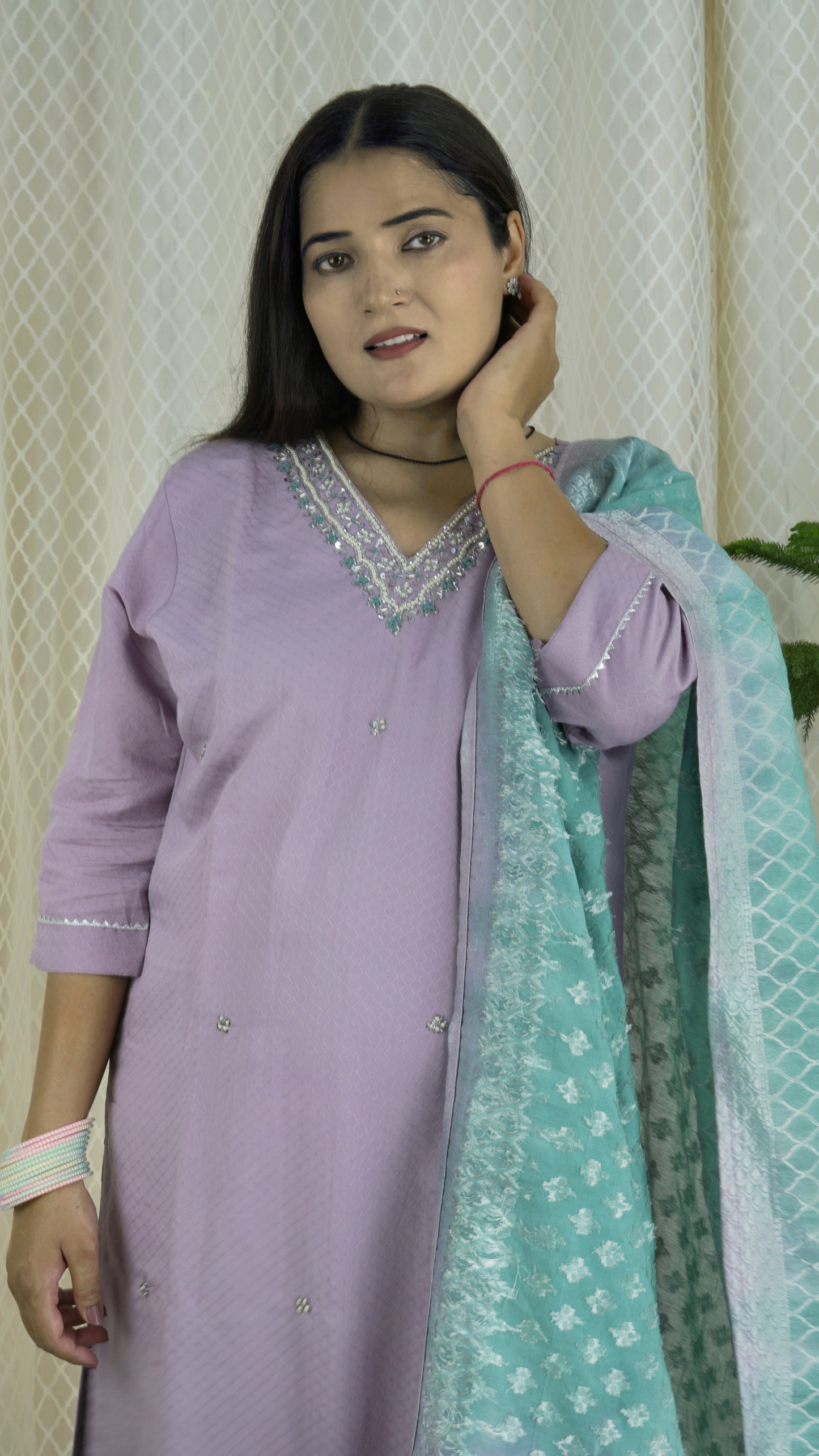 Lavender Kurta Set with Embellished Neckline & Shaded Dupatta