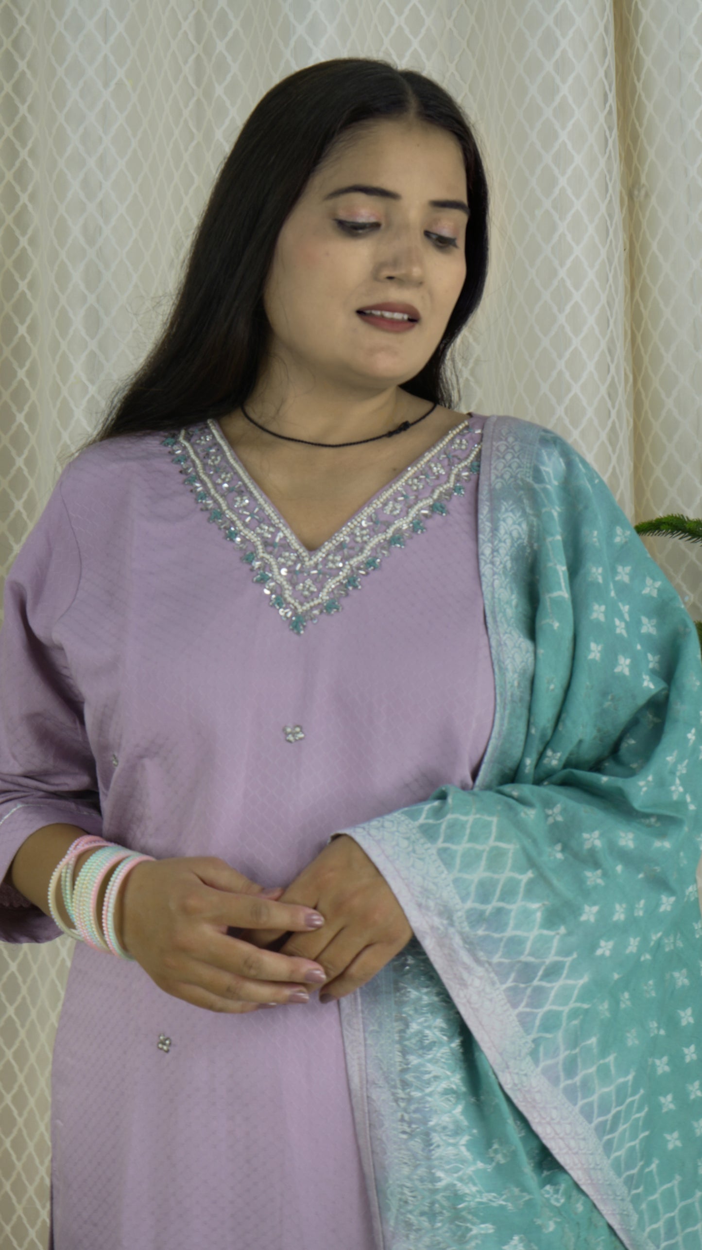 Lavender Kurta Set with Embellished Neckline & Shaded Dupatta