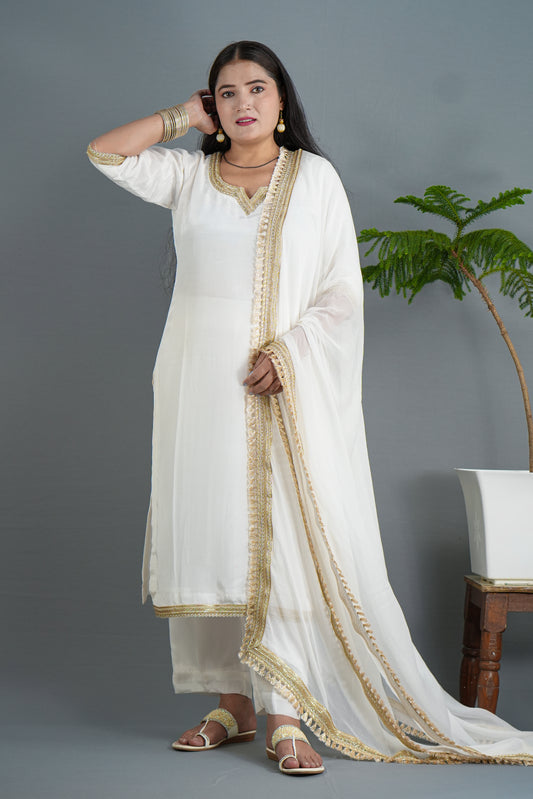 Elegant White Kurta Set with Premium Golden Lace