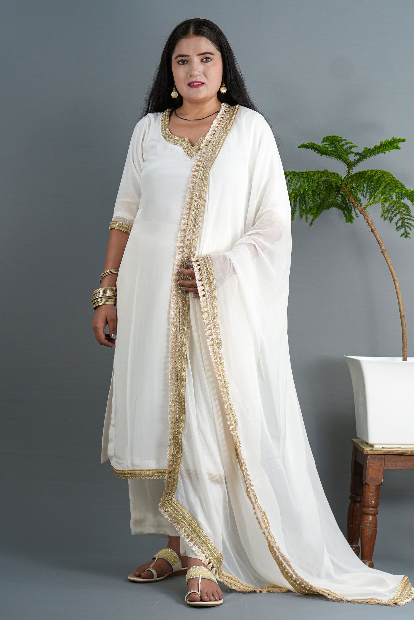 Elegant White Kurta Set with Premium Golden Lace