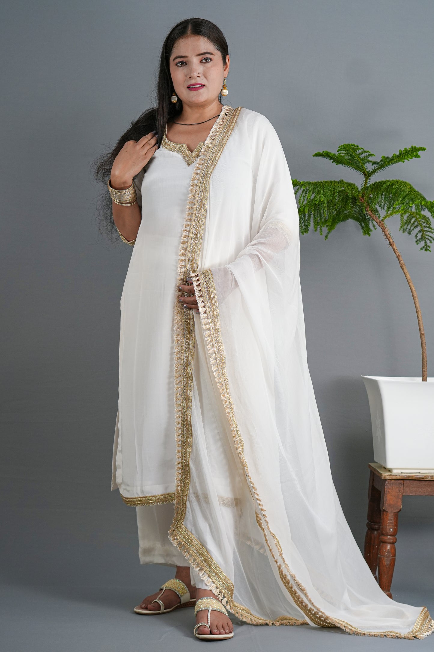 Elegant White Kurta Set with Premium Golden Lace