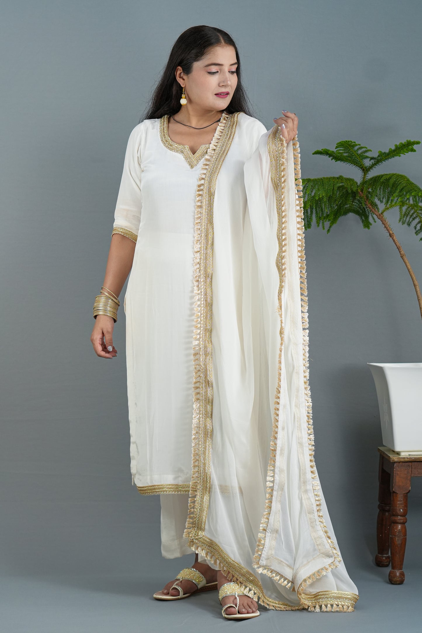 Elegant White Kurta Set with Premium Golden Lace