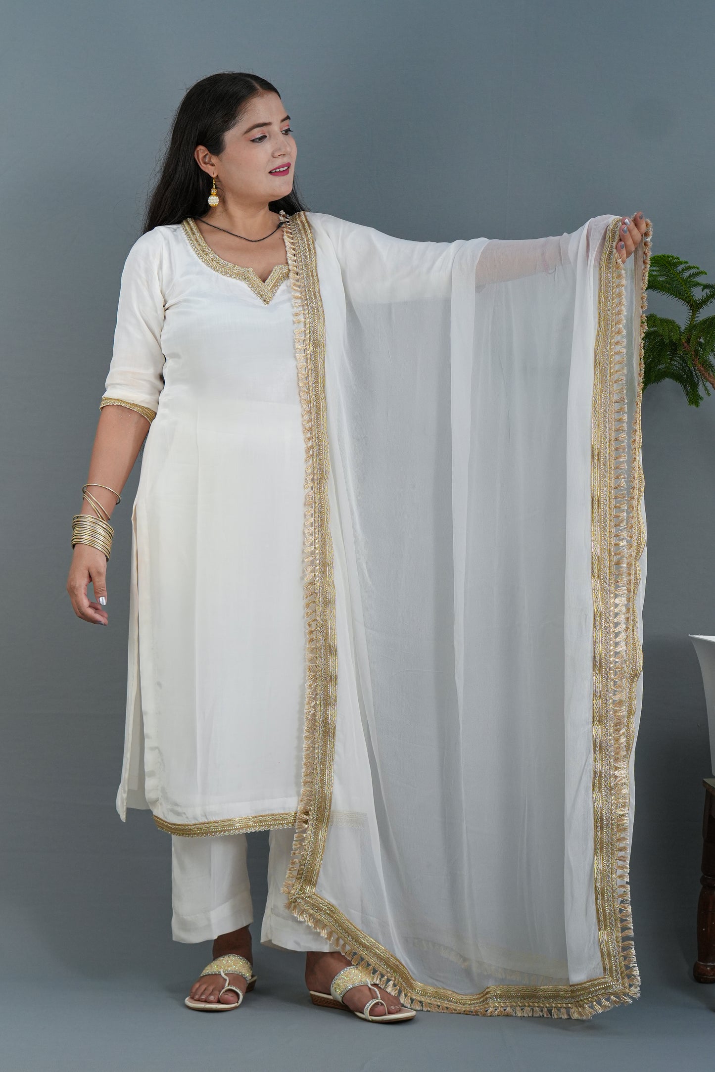 Elegant White Kurta Set with Premium Golden Lace