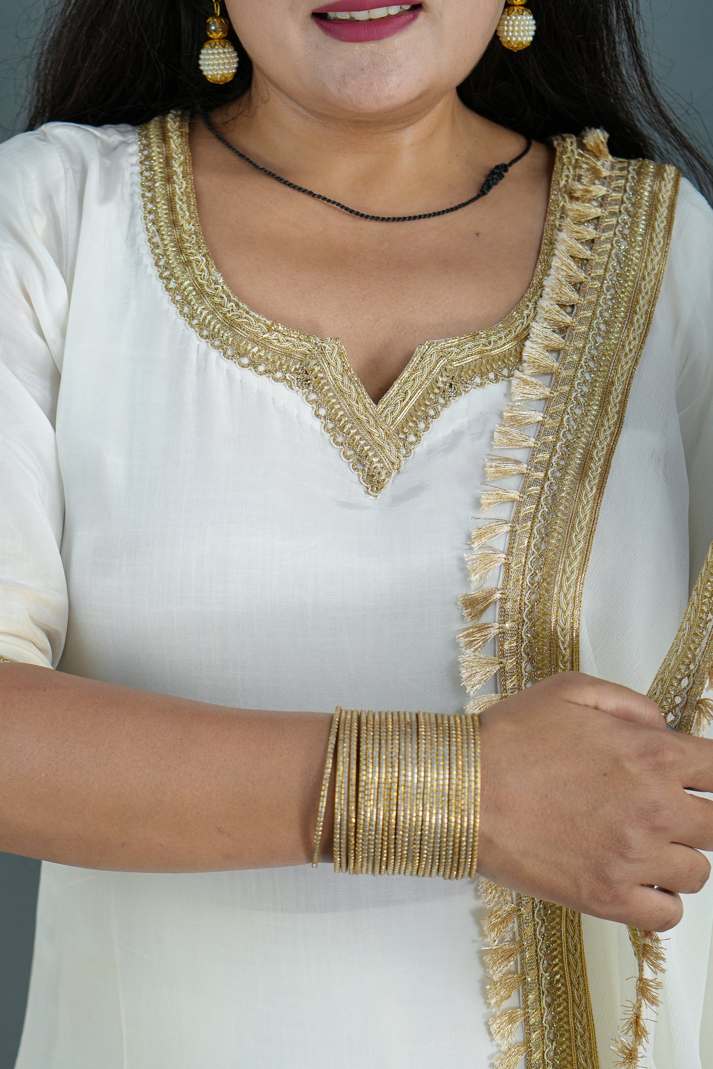 Elegant White Kurta Set with Premium Golden Lace