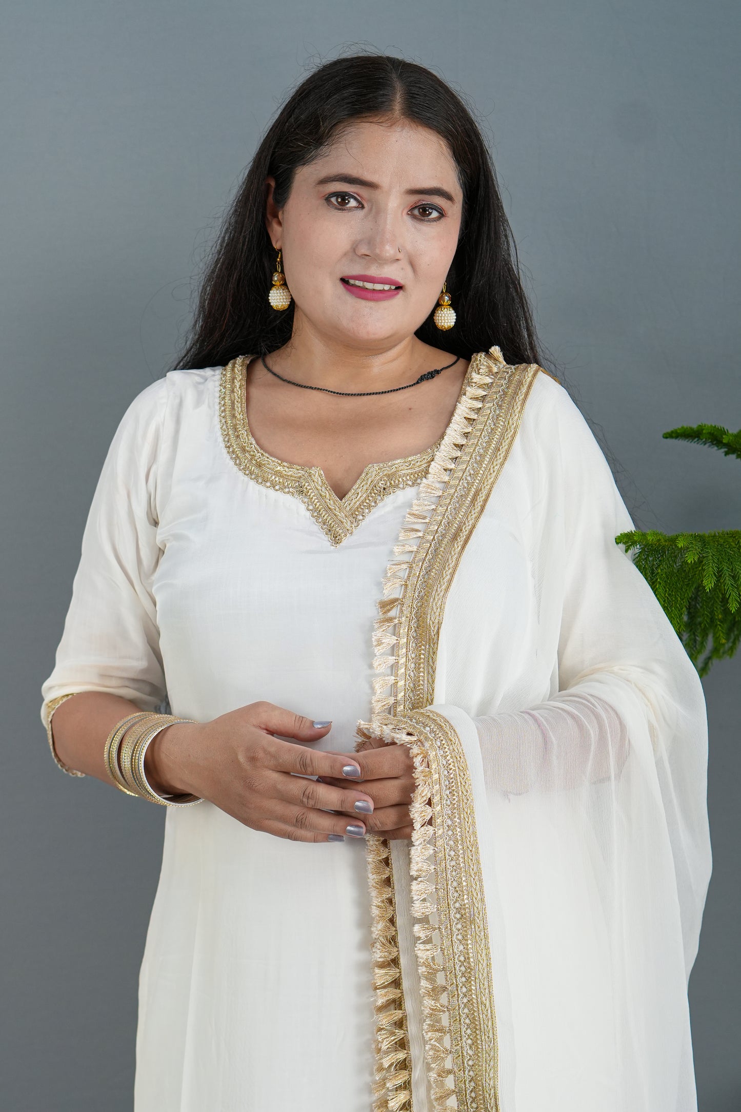 Elegant White Kurta Set with Premium Golden Lace