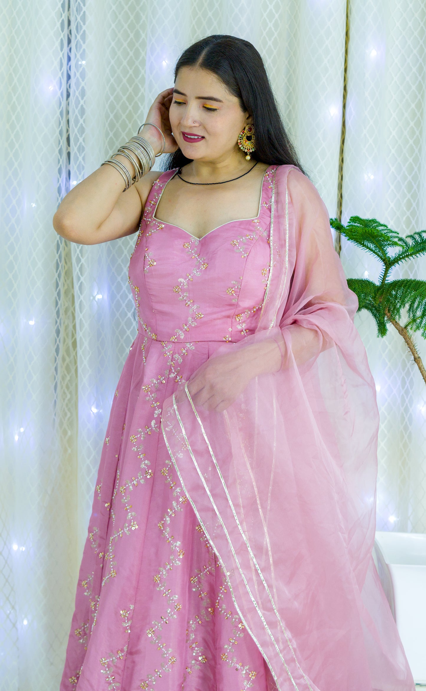 Karwa Chauth Special – Pink Embroidered Anarkali Suit with Dupatta.