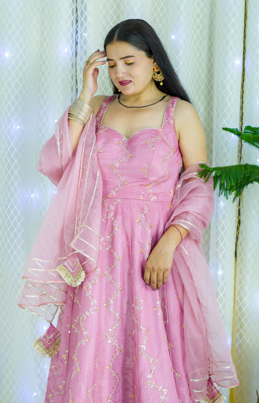 Karwa Chauth Special – Pink Embroidered Anarkali Suit with Dupatta.